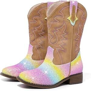 Laurmosa Girls Size 2 Rainbow Glitter Low Heel Pull On Mid Calf Cowboy Boots